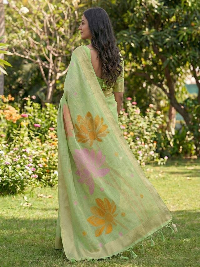 Green Color Linen Cotton Fabric Woven Designer Partywear Saree