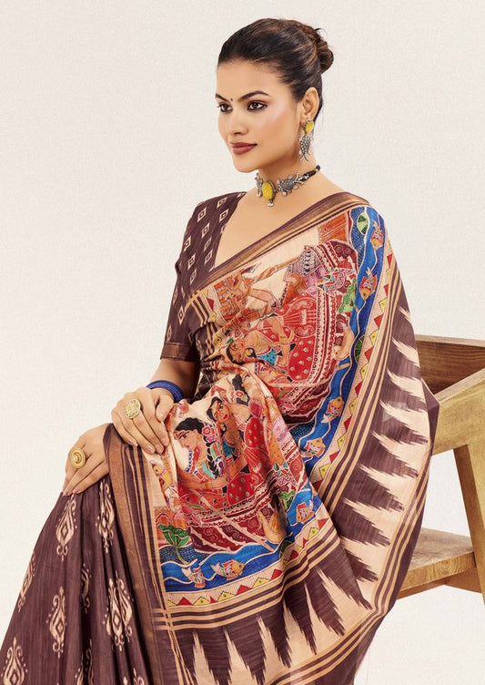 Brown Color Cotton Silk Fabric Designer Digital Printed Saree
