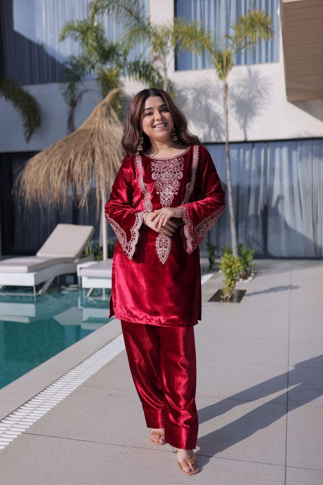 Red Color Ice Velvet Fabric Ethnic Heavy Embroidered Ceremonial Suit With Dupatta