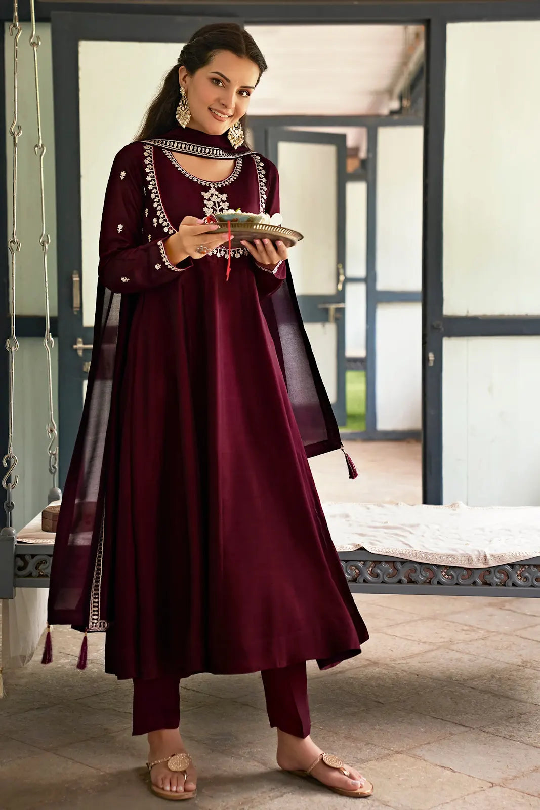 Women's Beautiful Vichitra Silk Fabric Embroidery Work Flared Anarkali Pant and Dupatta Set 06