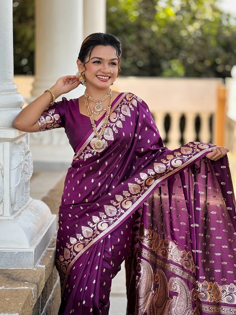 Wine Soft Banarasi Silk Meenakari Weaving Saree With Unstitched Blouse