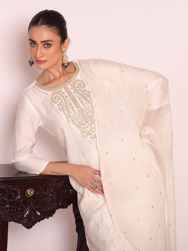 Off White Color Beautful Poly Silk Fabric Stylish Partywear Attire For Girls