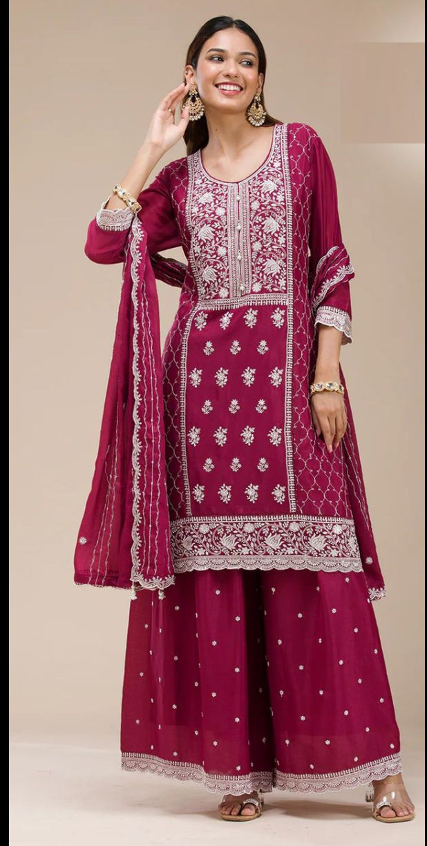 Pink Color Georgette Fabric Designer Embroidered Palazzo Suit For Girls