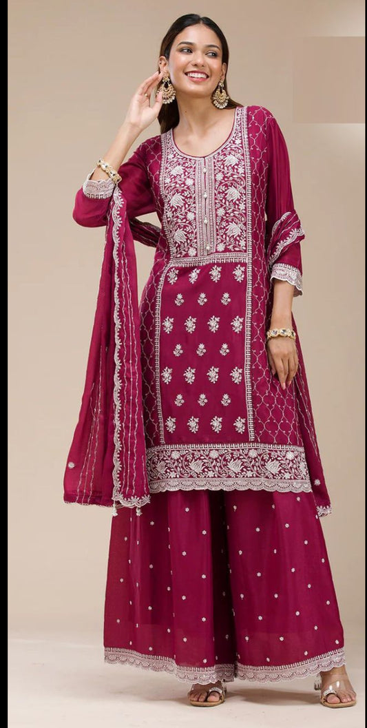 Pink Color Georgette Fabric Designer Embroidered Palazzo Suit For Girls