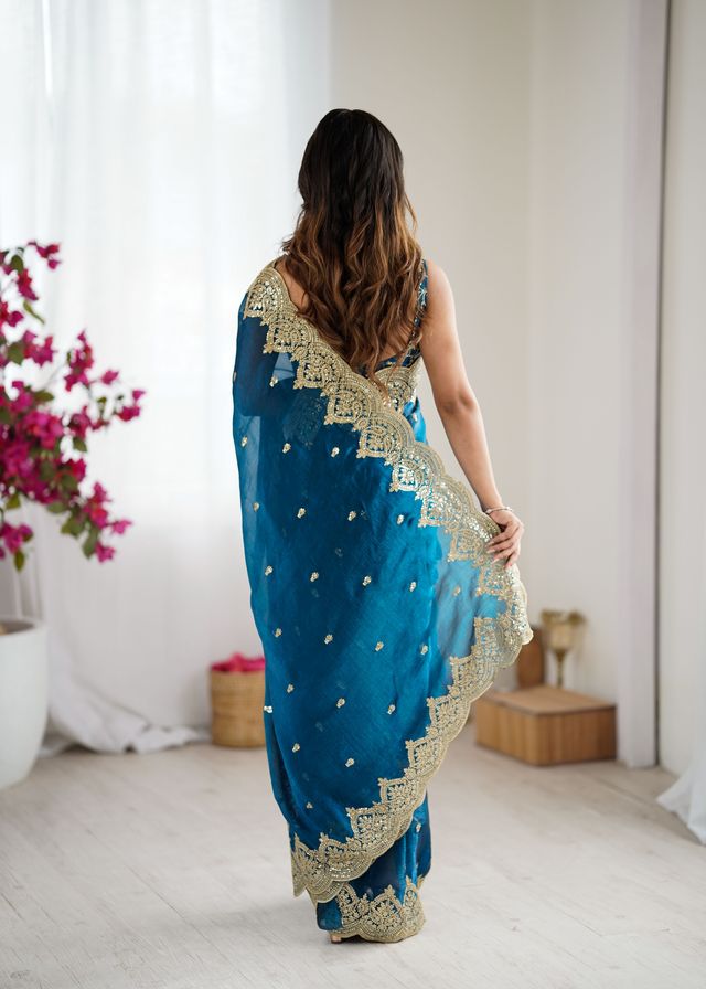 Teal Color Fendy Chiffon Fabric Beautiful Embroidered Saree
