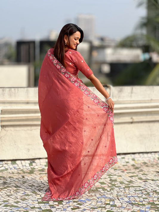 Coral Color Crush Silk Fabric Designer Embroidered Wedding Special Saree