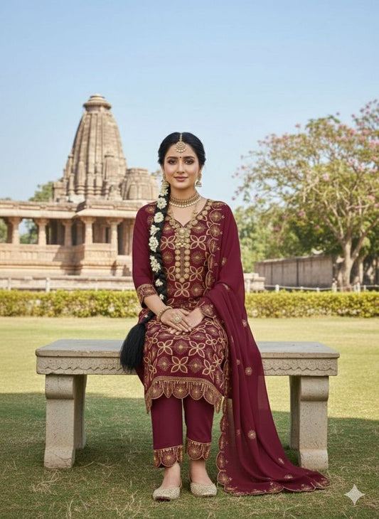 Maroon Color Georgette Fabric Beautiful Embroidered Salwar Kameez