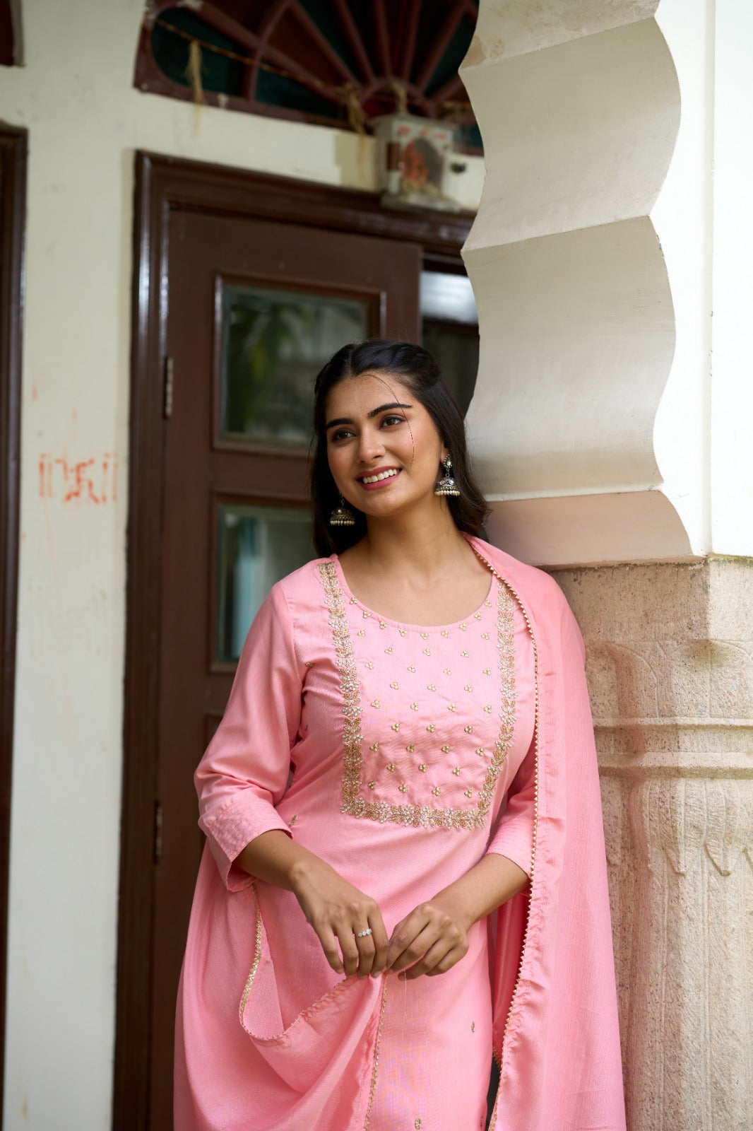 Rayon Slub Fabric Embroidered work Straight cut Kurta, Pant and Dupatta Set