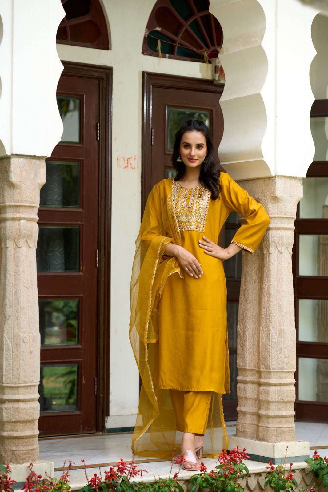Yellow Solid Chanderi Fabric Embroidered work Straight cut Kurta Pant and Dupatta Set