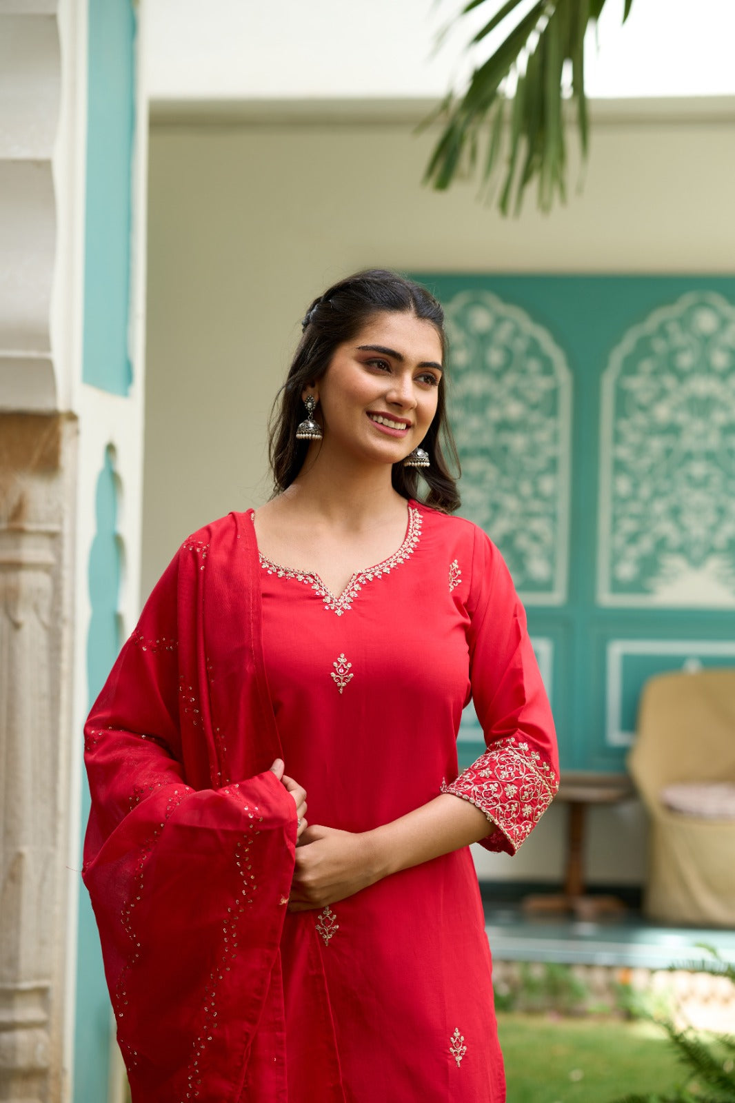 Gajari Red Embroidered Chanderi Fabric Straight Kurta, Pant and Dupatta Set