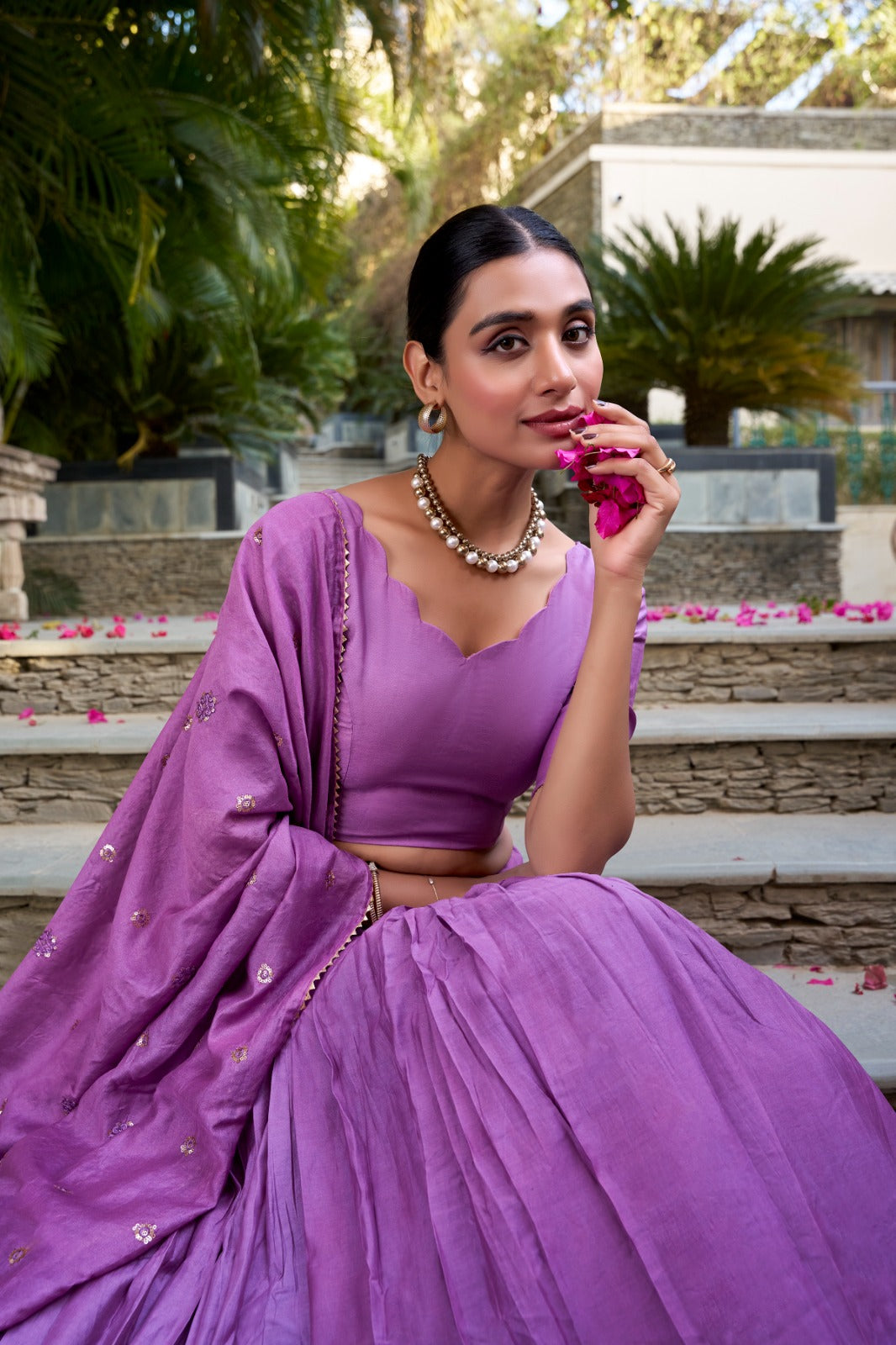 Purple Pure Chanderi Plain With Zari Weaving Work Border Fully Stitched Lehenga,Unstitched Blouse With Dupatta