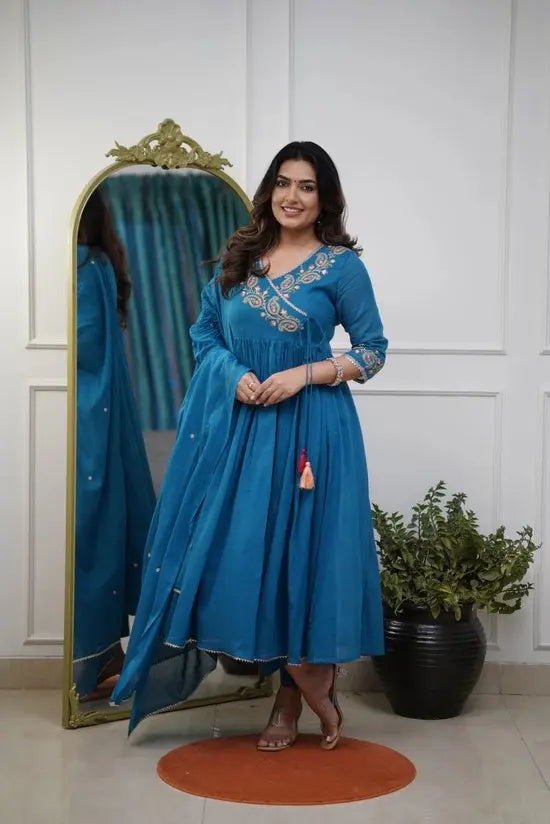 Women's Beautiful Parmpara Fabric Embroidery Work Flared Kurta Pant and Dupatta Set