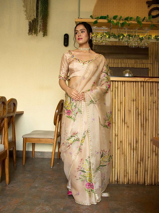 Beige Soft tabby Silk Printed With Beads Work Saree With Unstitched Blouse