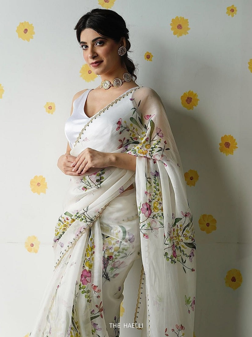 White Soft tabby Silk Printed With Beads Work Saree With Unstitched Blouse