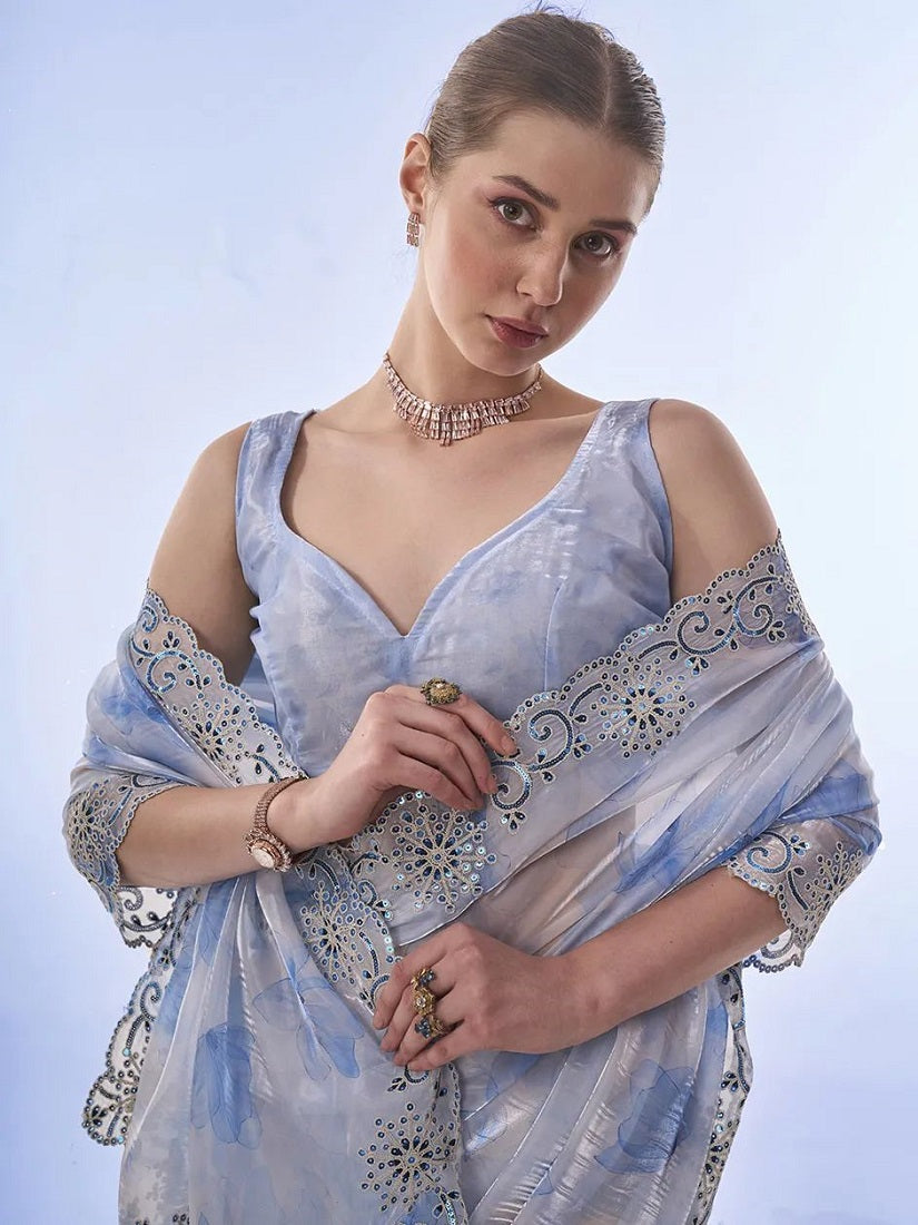 Skyblue Soft Space Silk with Printed and Coding Sequence work Saree With Unstitched Blouse