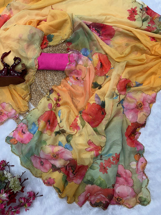 Yellow Soft tabby Silk Printed With pearl Handwork Saree With Unstitched Blouse