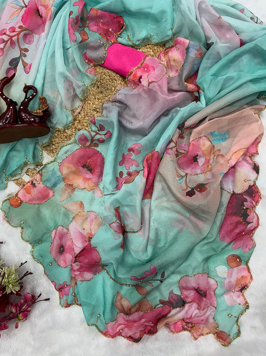 Skyblue Soft tabby Silk Printed With pearl Handwork Saree With Unstitched Blouse