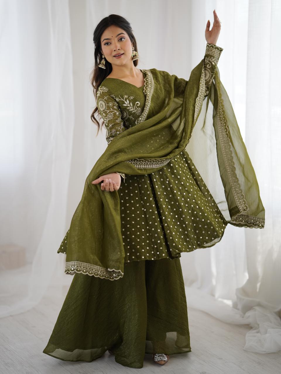 most viral green traditional outfit for girls embroidery designer sharara kurta set” “heavy work olive green kurta sharara dress for party, mehendi and wedding functions”