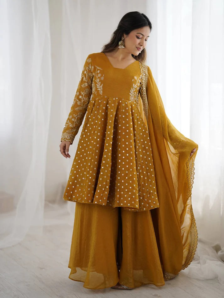 premium mustard georgette sharara suit for haldi ceremony partywear ethnic wear” “mustard heavy work sharara kurti set with dupatta for ladies trending 2026 fashion