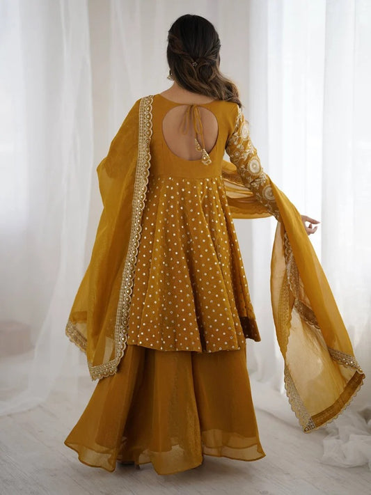 premium mustard georgette sharara suit for haldi ceremony partywear ethnic wear” “mustard heavy work sharara kurti set with dupatta for ladies trending 2026 fashion