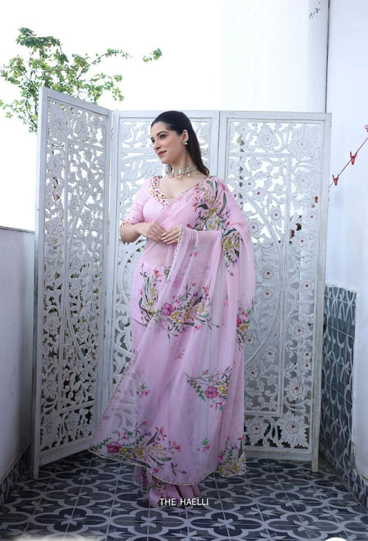 Pink Soft tabby Silk Printed With Beads Work Saree With Unstitched Blouse