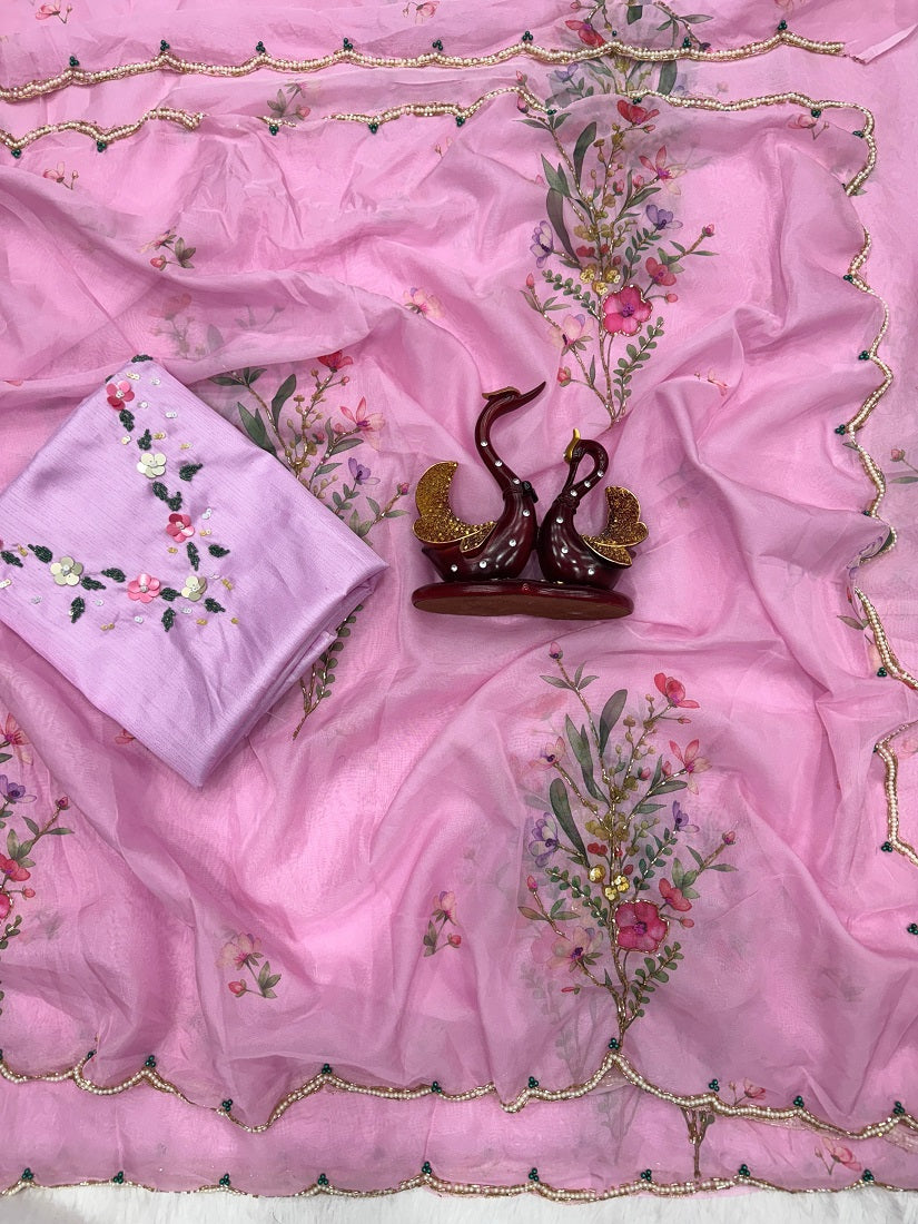 Pink Soft tabby Silk Printed With Beads Work Saree With Unstitched Blouse