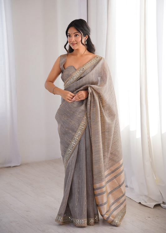 Pure Spun Cotton With Zari Woven Work Real Mirror Lace saree With Blouse