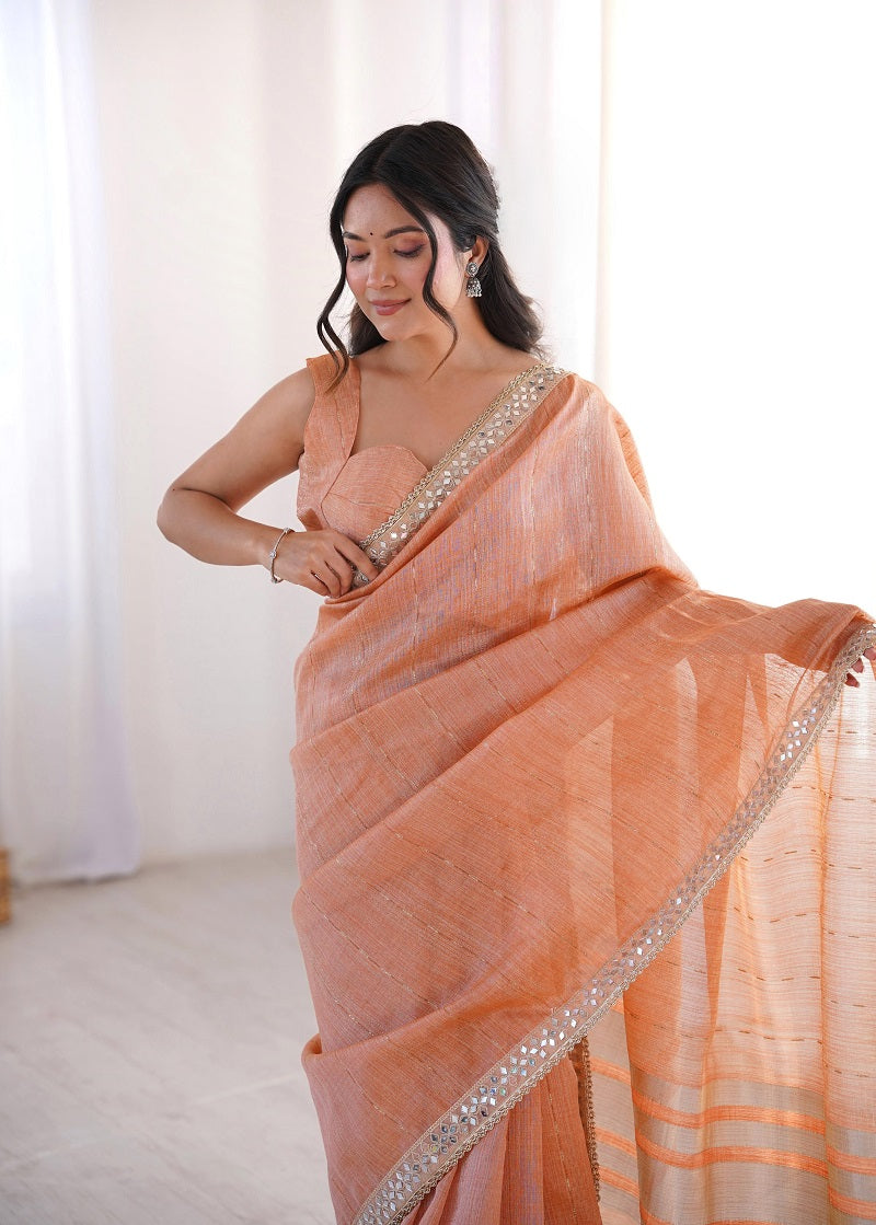 Pure Spun Cotton With Zari Woven Work Real Mirror Lace saree With Blouse