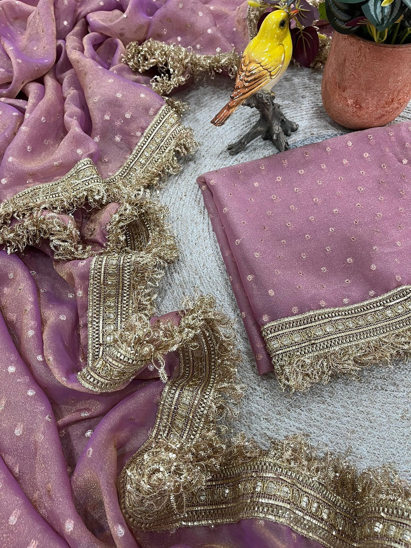 Pink Moss Silk With Jecquard Butti Saree With Unstitched Blouse