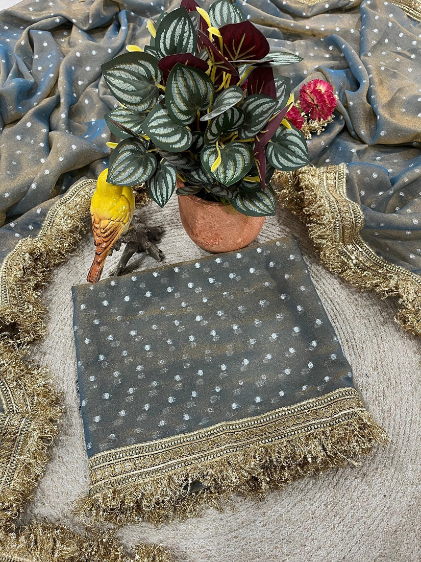 Grey Moss Silk With Jecquard Butti Saree With Unstitched Blouse