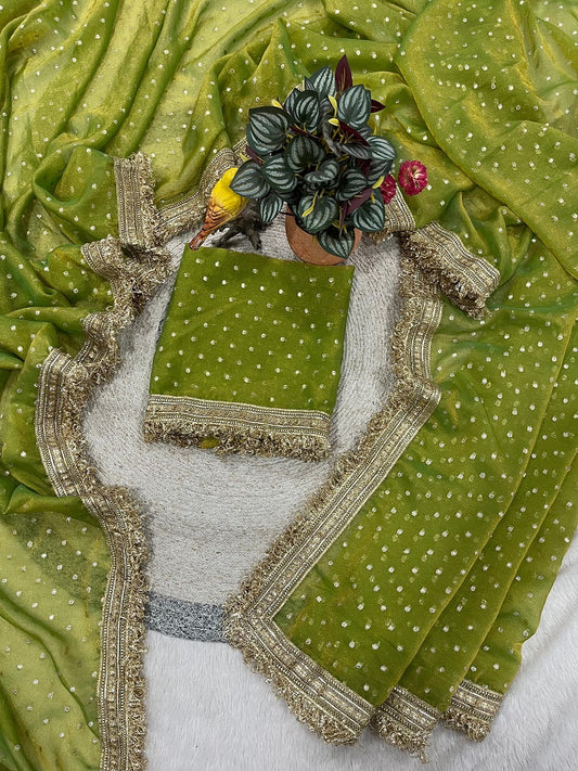 Perrot Moss Silk With Jecquard Butti Saree With Unstitched Blouse