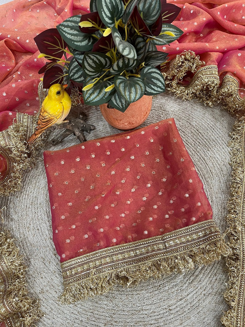 Peach Moss Silk With Jecquard Butti Saree With Unstitched Blouse