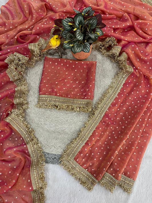 Peach Moss Silk With Jecquard Butti Saree With Unstitched Blouse