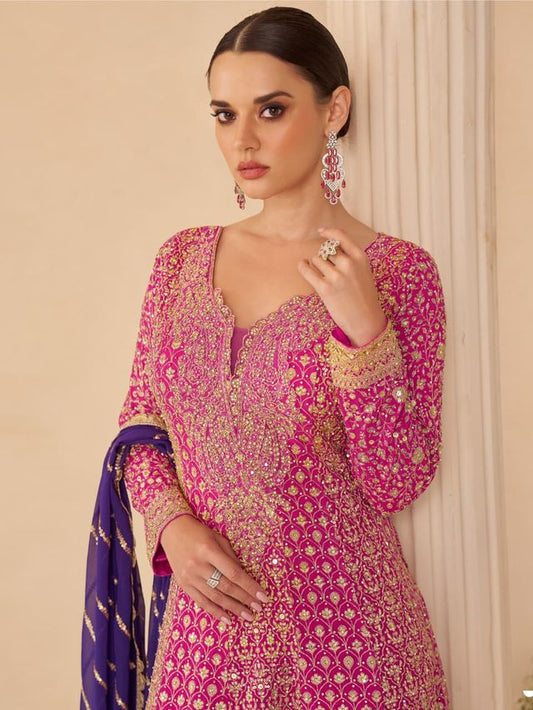 Rose pink pure geogette full stitched suit Free Size upto 42