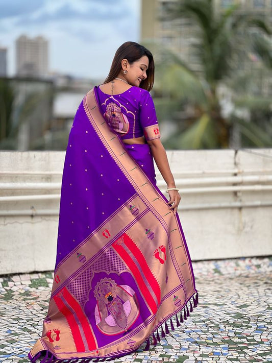 Purple Color Soft Silk Fabric Woven Paithani Designer Cultural Rich Saree