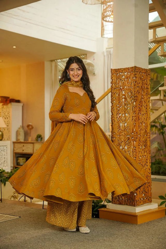 Mustard Color Muslin Fabric Designer Printed Readymade Ceremonial Palazzo Dress