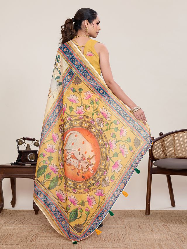 Yellow Color Linen Silk Fabric Beautiful Partywear Saree