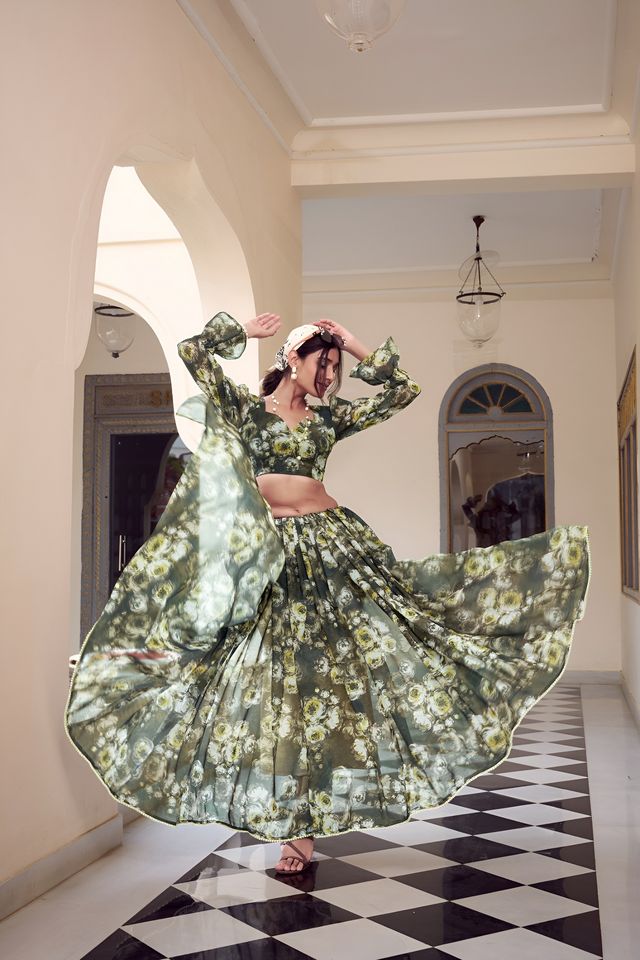 Green Color Georgette Fabric Beautiful Floral Printed Saree