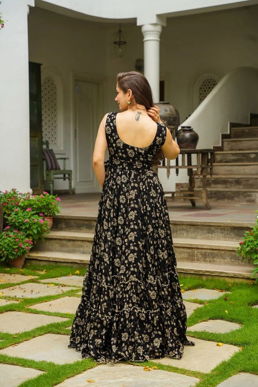 Festive wear gown collection digital printed work Black And Crem