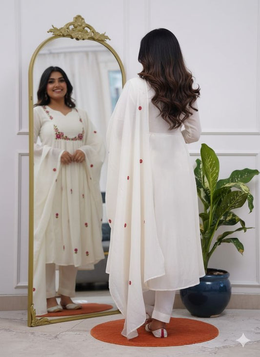 Off WhiteColor P V Chanderi Fabric Designer Embroiderd Stitched Suit
