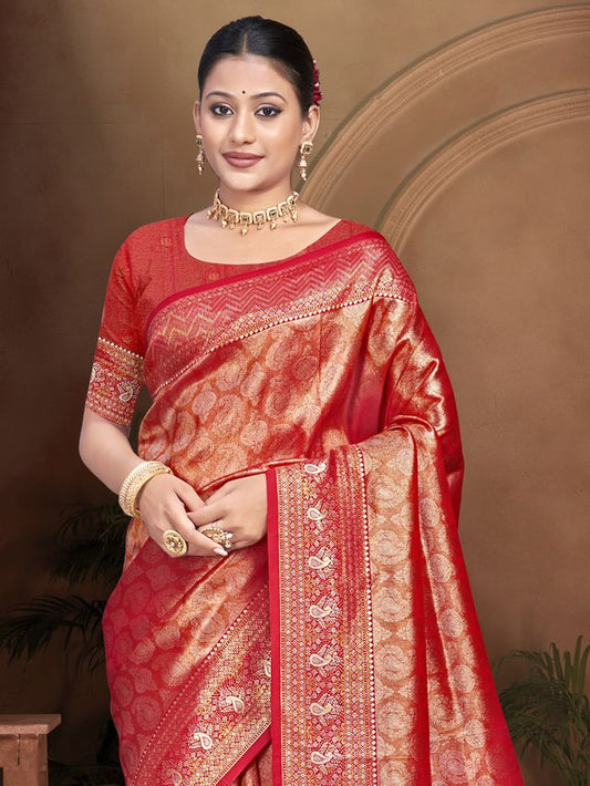 Maroon Color Kanjivaram Silk Fabric Woven Designer Graceful Partywear Saree