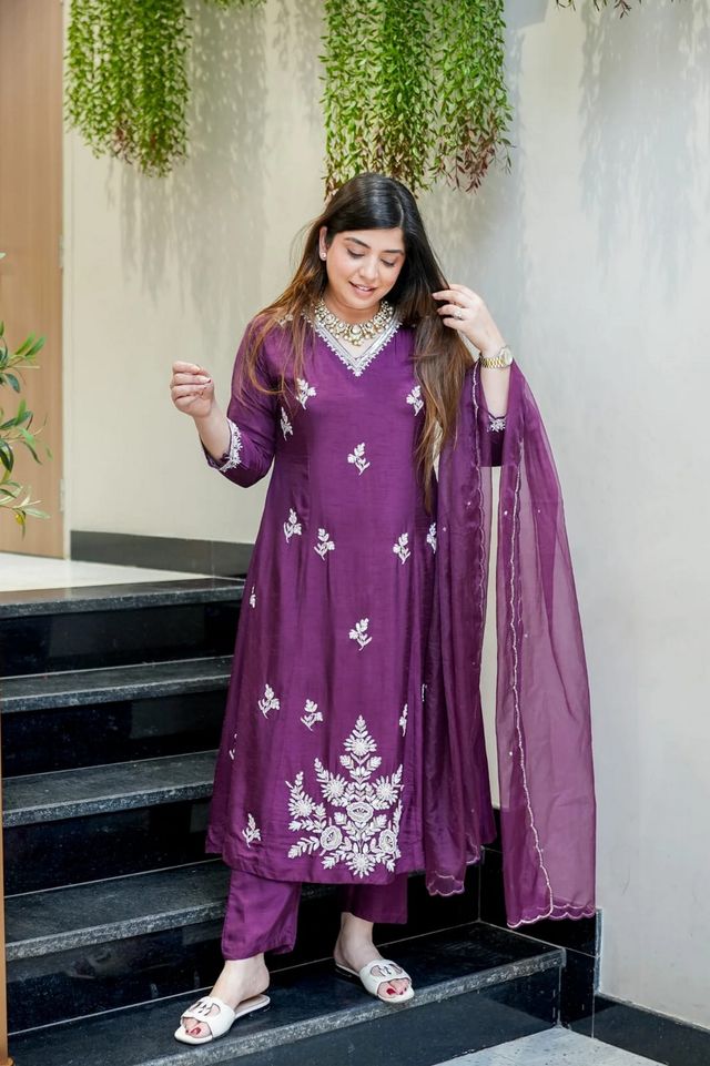 Wine Color Beautiful Readymade Dress On Muslin Fabric For Graceful Girlie Looks