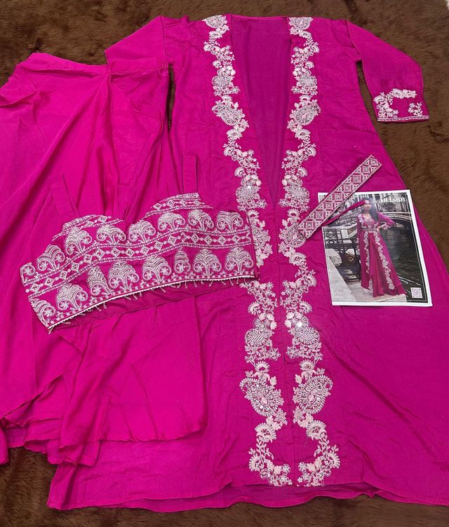 Pink Chinon Silk Indowestern Crop Top, Skirt And Shrug Set Free Size Full Stitched Upto 42