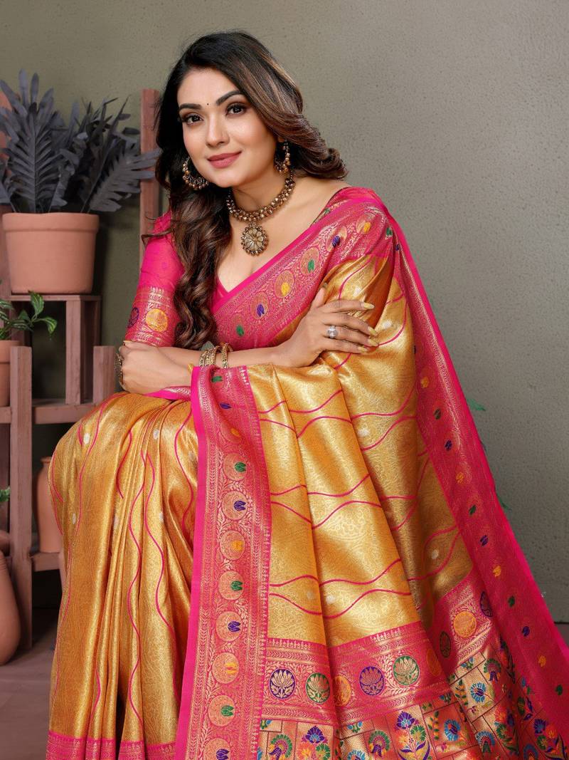 Yellow Pure Banarasi Tissue Silk With Leheriya Weaving Saree With Blouse