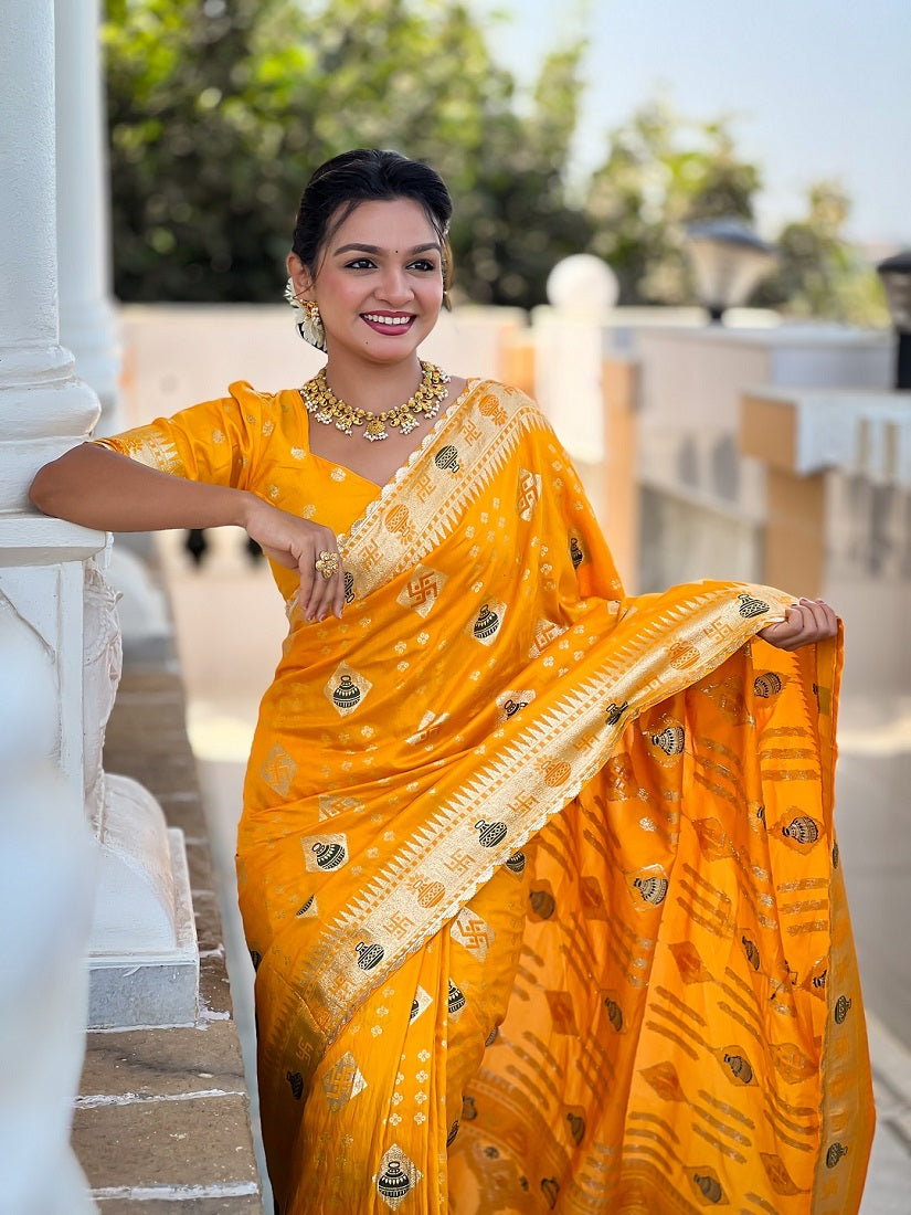 Yellow Soft Dolla Silk Meenakari Weaving Saree With Unstitched Blouse