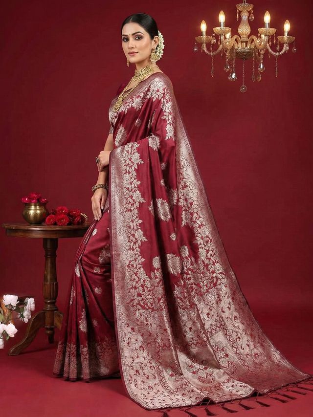Maroon Color Beautiful Silk Blend Fabric Woven Designer Ethnic Ceremonial Saree