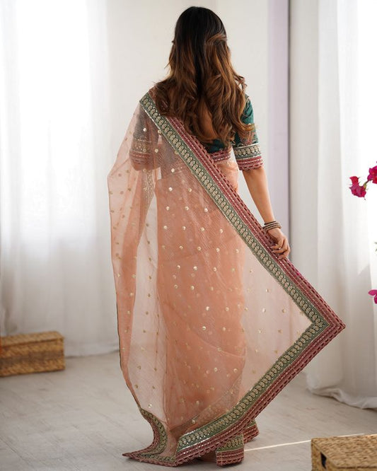 Peach Color Banarasi Crush Fabric Graceful Partywear Sequins Embroidered Saree