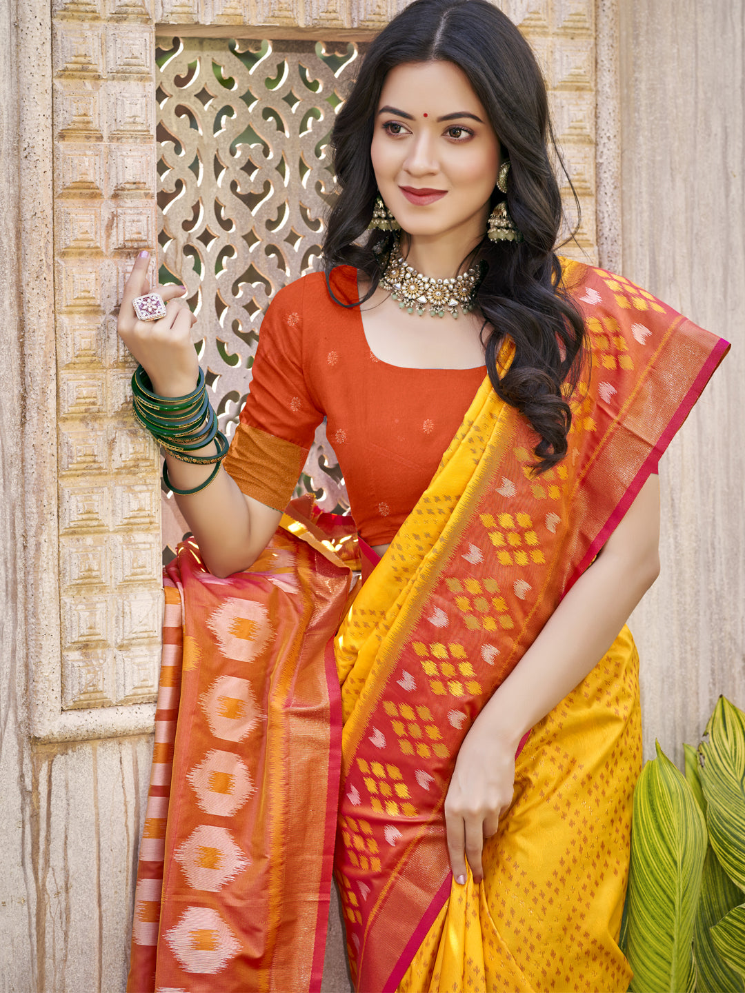Yellow Pochampalli Silk Saree with Floral Printed Work with Blouse