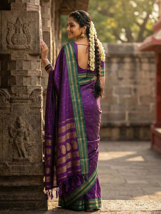 Purple Color Soft Silk Fabric Woven Jari Designer Ethnic Party Looks Saree