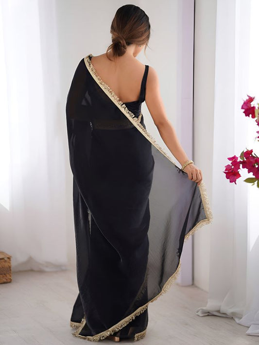 Black Color Space Silk Fabric Saree With Zalar Lace Border Ethnic Girlie Saree